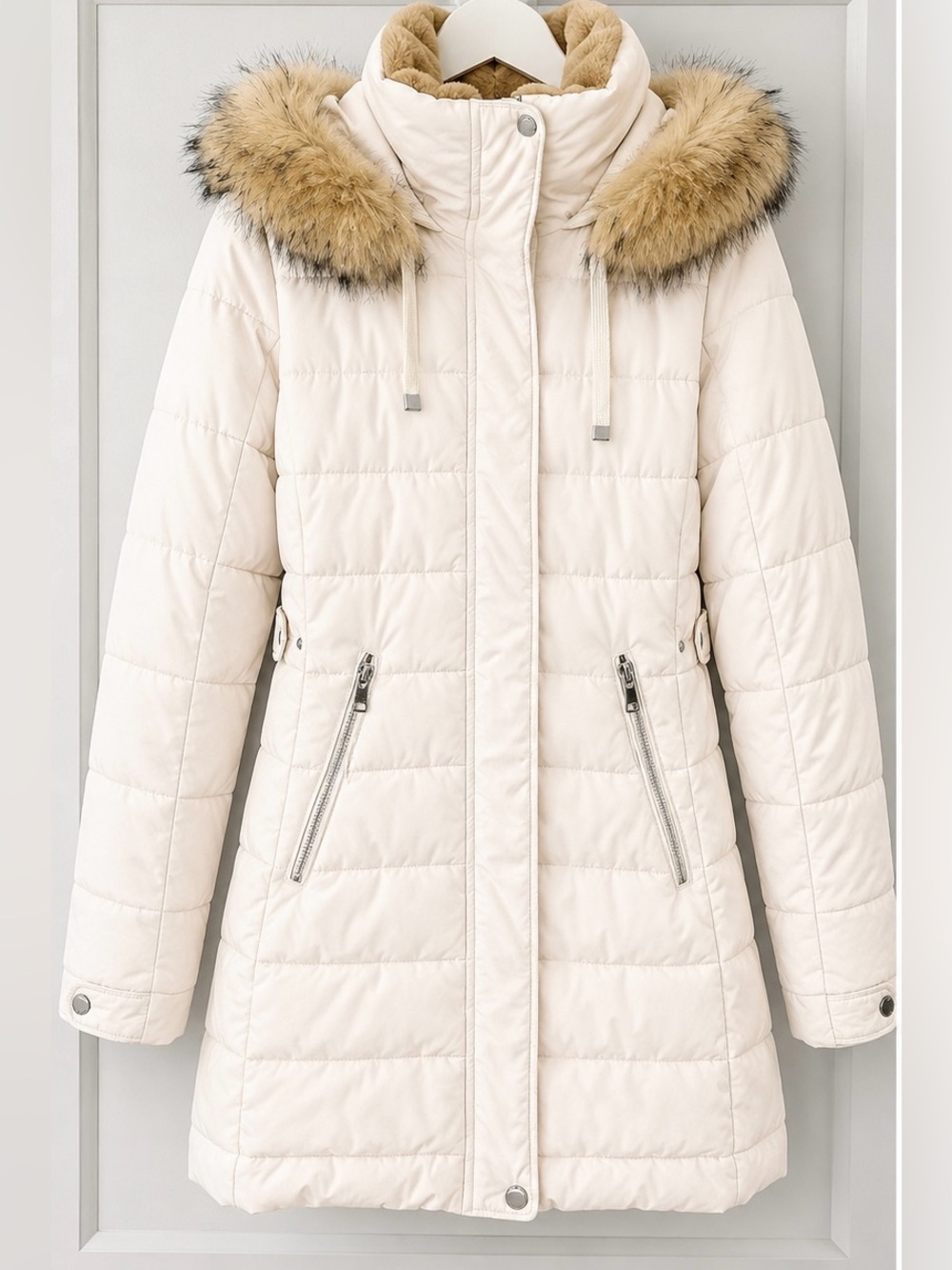 Zara Cream Hooded Puffer Coat with Faux Fur Trim
